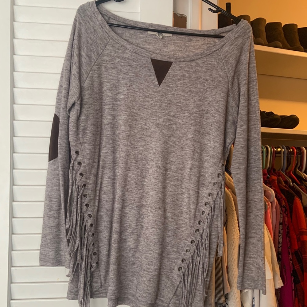 Long Grey Shirt with Fringe on the Sides